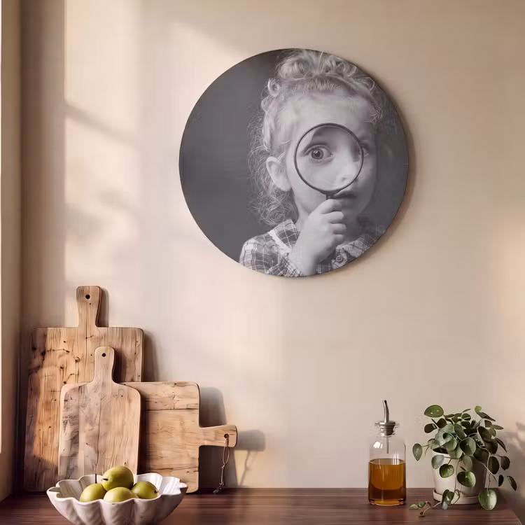 Akoestisch schilderij rond - Kind - Vergrootglas - Portret - Zwart-wit — 4