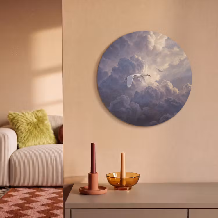 Akoestisch schilderij rond - Vogel - Vliegend - Natuur - Wit - Wolken — 3
