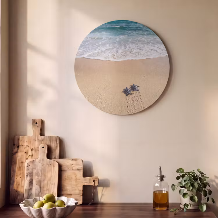Akoestisch schilderij rond - Schildpad - Jong - Strand - Oceaan - Blauw — 4