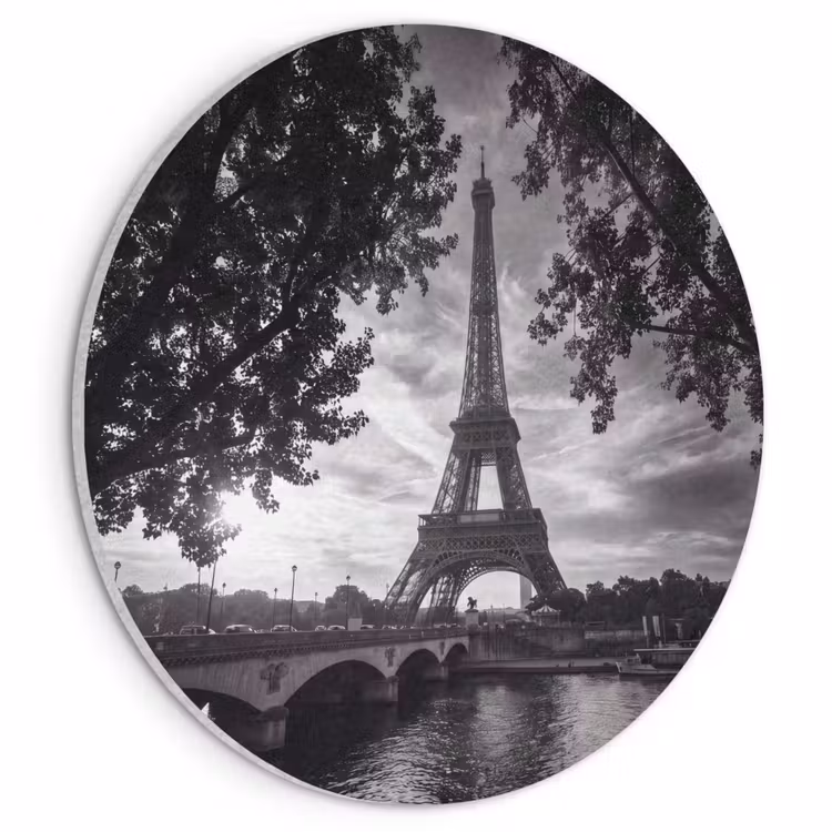 Akoestisch schilderij rond - Eiffeltoren - Parijs - Rivier - Architectuur - Zwart-wit — 1