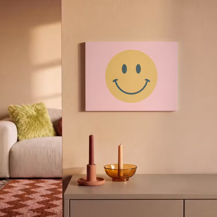 Akoestisch schilderij - Smiley - Geel - Roze - Symbool - Minimalistisch — 2