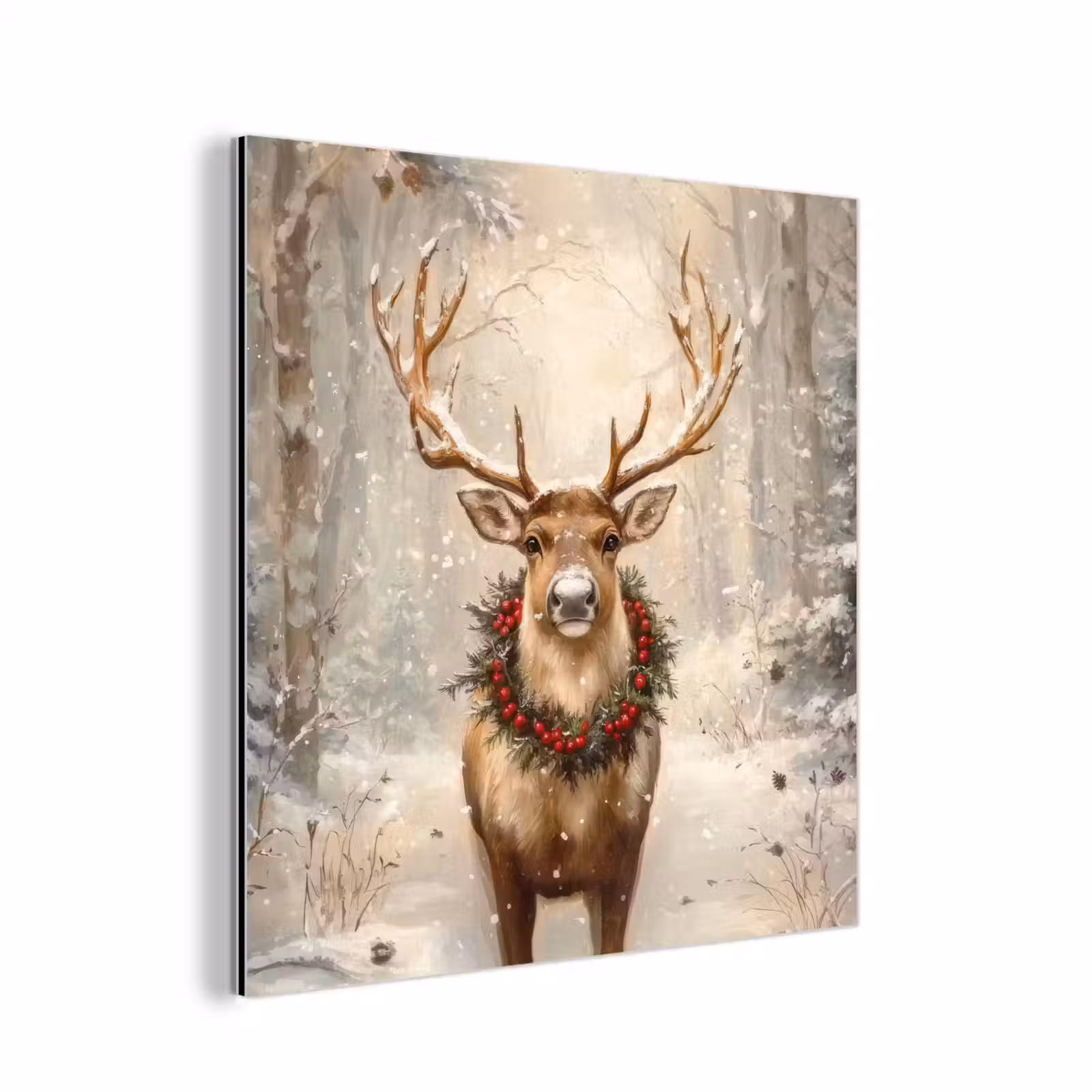 Aluminium schilderij - Kerst - Rendier - Winter - Krans — 1