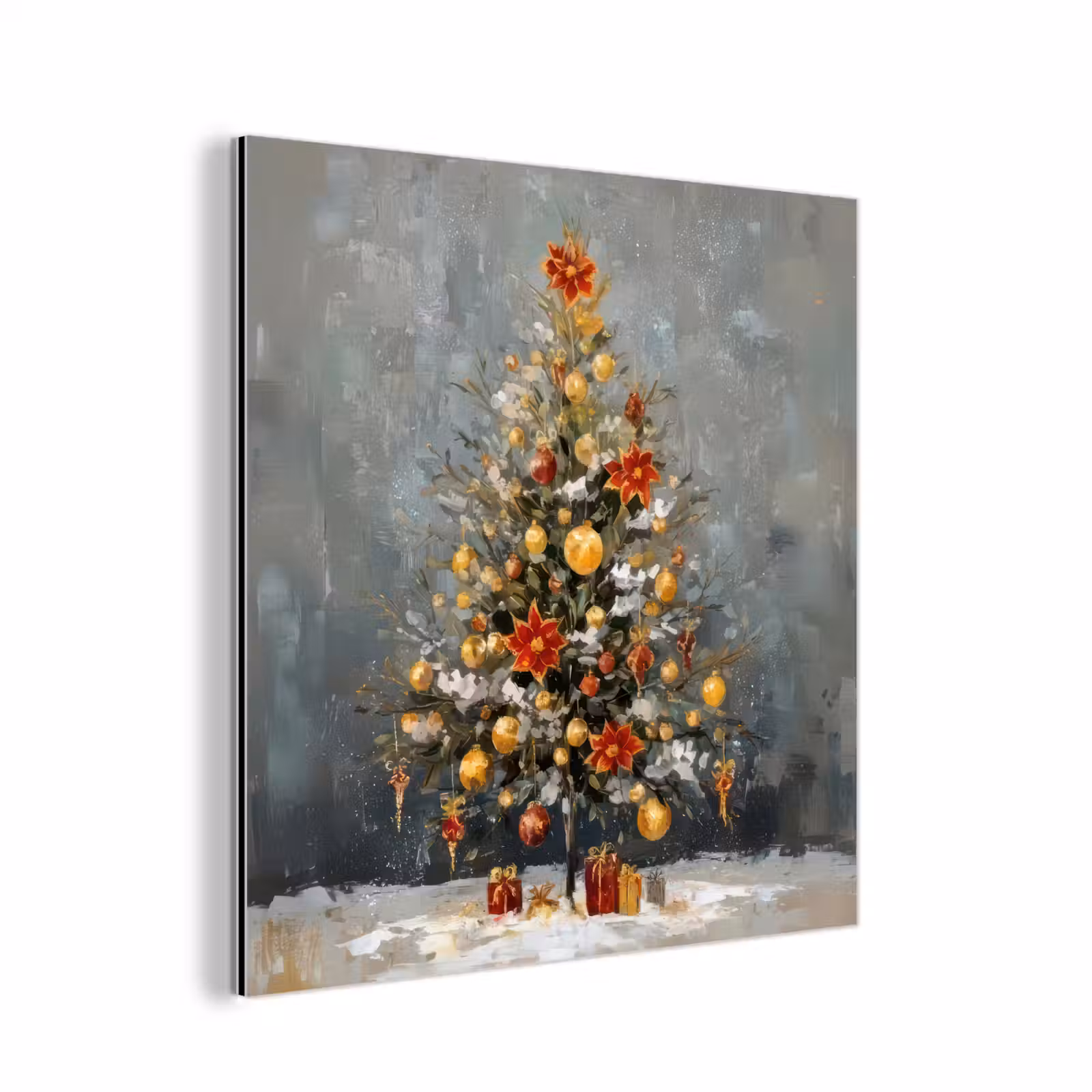 Aluminium schilderij - Kerstboom - Cadeaus - Rood - Goud — 1