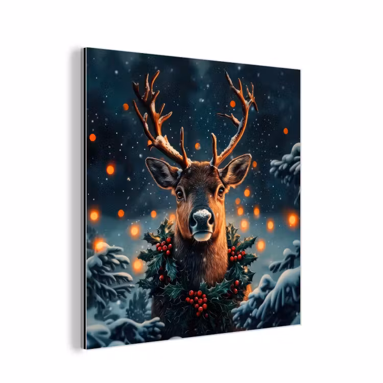 Aluminium schilderij - Hert - Kerst - Winter - Sneeuw - Kerstkrans — 1