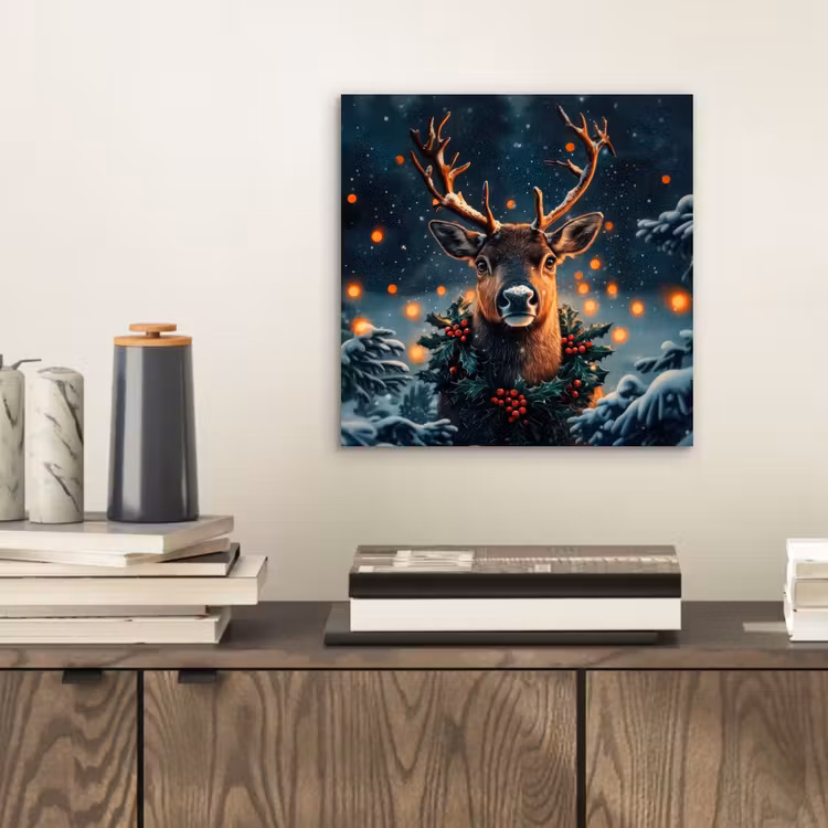 Aluminium schilderij - Hert - Kerst - Winter - Sneeuw - Kerstkrans — 2