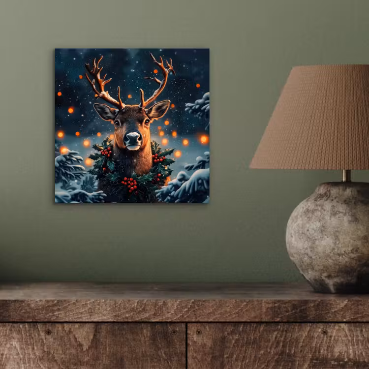 Aluminium schilderij - Hert - Kerst - Winter - Sneeuw - Kerstkrans — 3