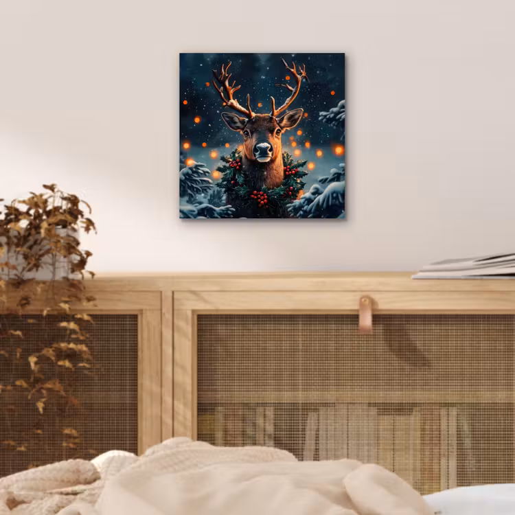 Aluminium schilderij - Hert - Kerst - Winter - Sneeuw - Kerstkrans — 4