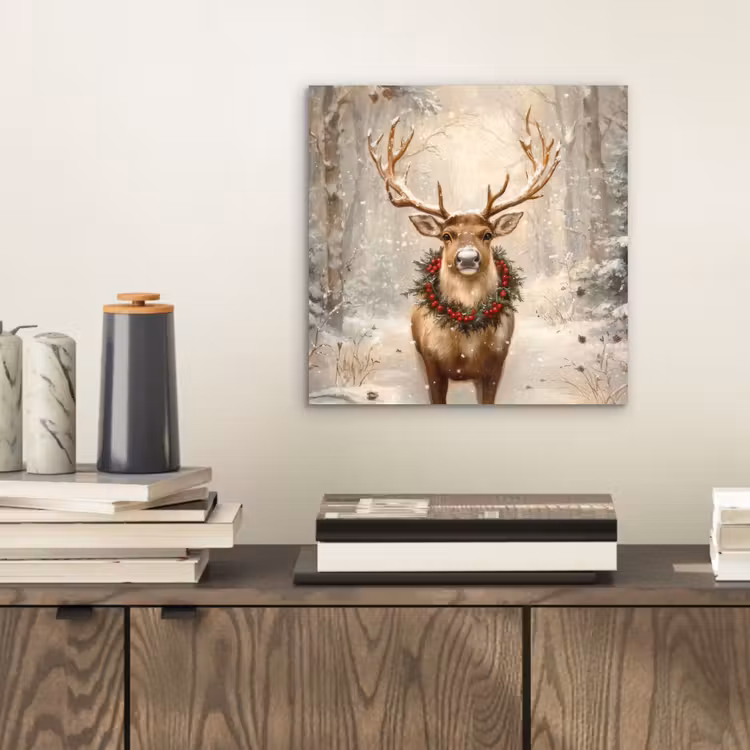 Aluminium schilderij - Kerst - Rendier - Winter - Krans — 2