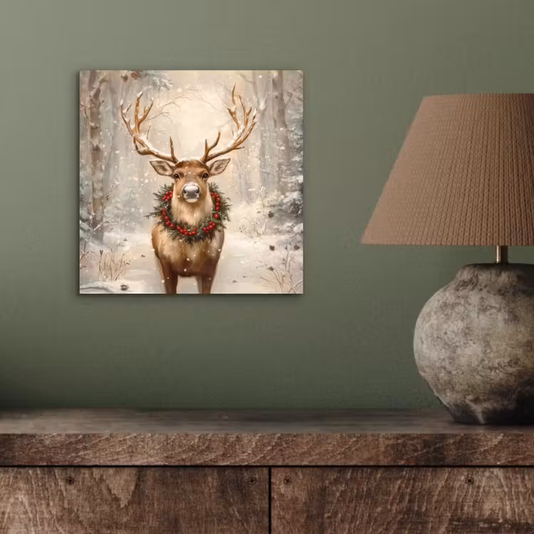 Aluminium schilderij - Kerst - Rendier - Winter - Krans — 3