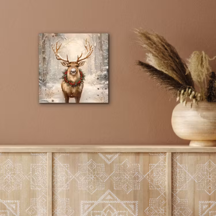 Aluminium schilderij - Kerst - Rendier - Winter - Krans — 5