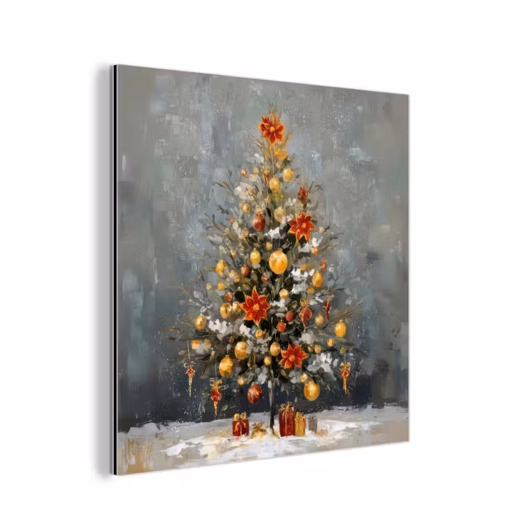 Aluminium schilderij - Kerstboom - Cadeaus - Rood - Goud — 1