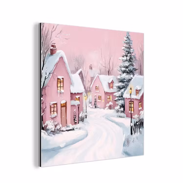 Aluminium schilderij - Kerstdorp - Roze - Winter - Sneeuw - Huizen — 1