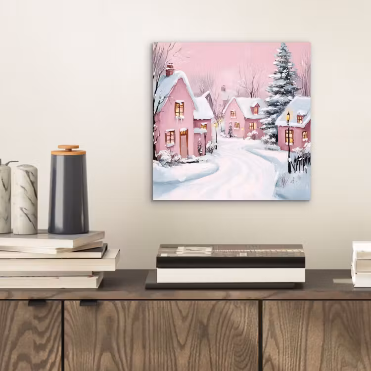 Aluminium schilderij - Kerstdorp - Roze - Winter - Sneeuw - Huizen — 2