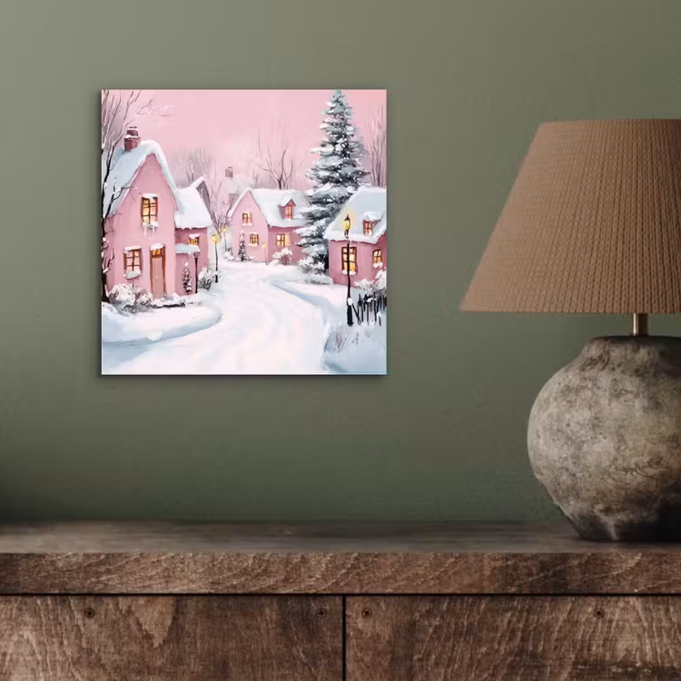 Aluminium schilderij - Kerstdorp - Roze - Winter - Sneeuw - Huizen — 3