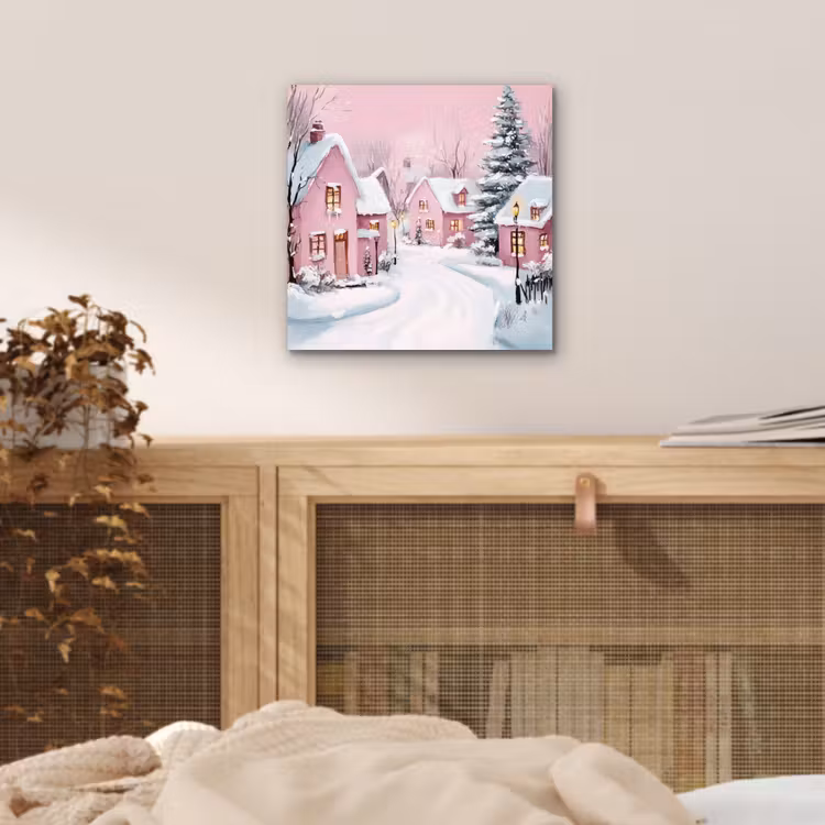 Aluminium schilderij - Kerstdorp - Roze - Winter - Sneeuw - Huizen — 4