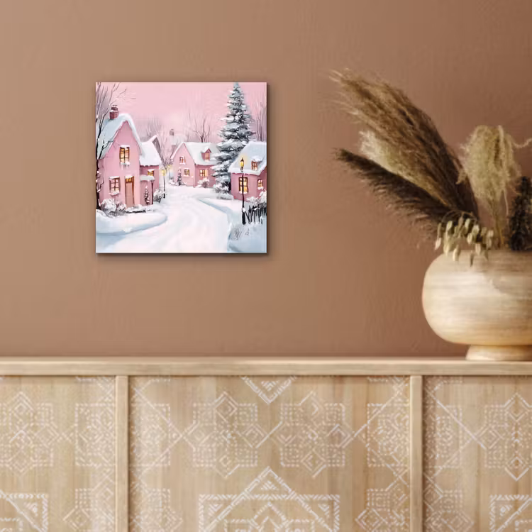 Aluminium schilderij - Kerstdorp - Roze - Winter - Sneeuw - Huizen — 5