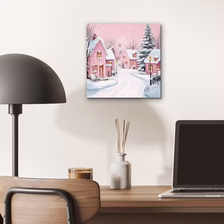 Aluminium schilderij - Kerstdorp - Roze - Winter - Sneeuw - Huizen — 6