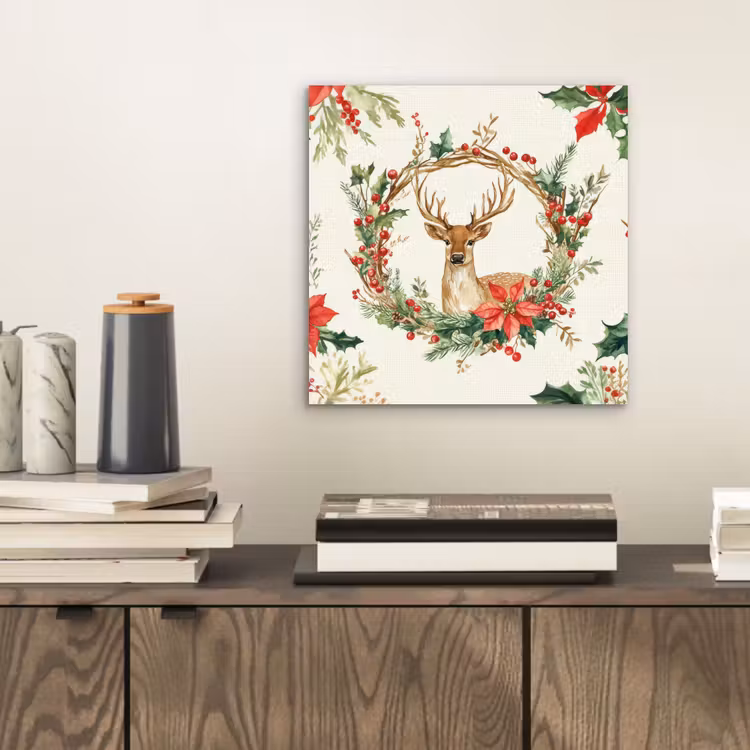 Aluminium schilderij - Kerstkrans - Hert - Hulst - Rood — 2
