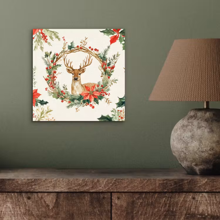 Aluminium schilderij - Kerstkrans - Hert - Hulst - Rood — 3