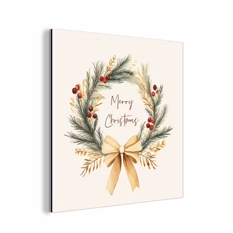 Aluminium schilderij - Kerstkrans - Kerst - Goud - Beige — 1