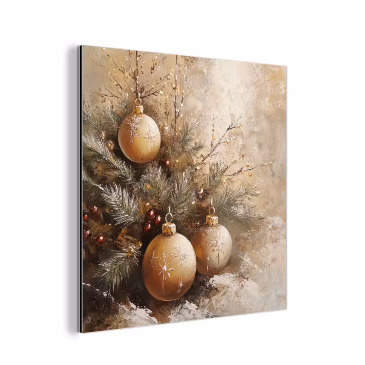 Aluminium schilderij - Kerst - Kerstballen - Beige - Goud — 1