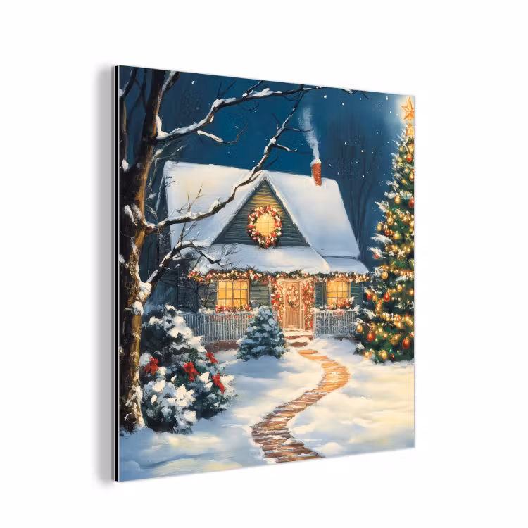 Aluminium schilderij - Kerst - Kerstboom - Winter - Huis - Sneeuw — 1