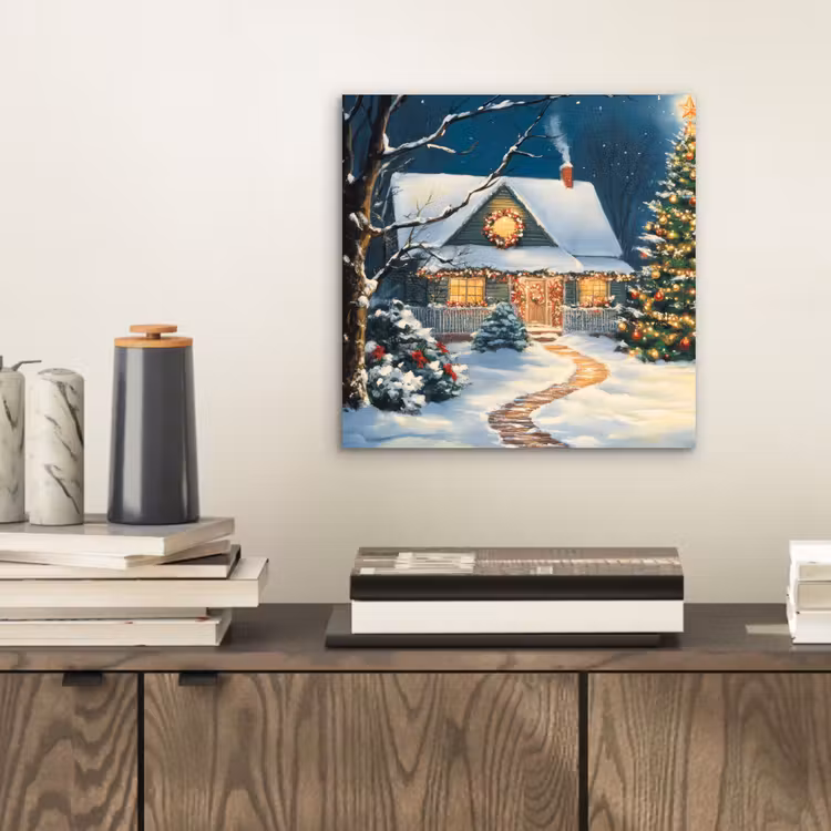 Aluminium schilderij - Kerst - Kerstboom - Winter - Huis - Sneeuw — 2