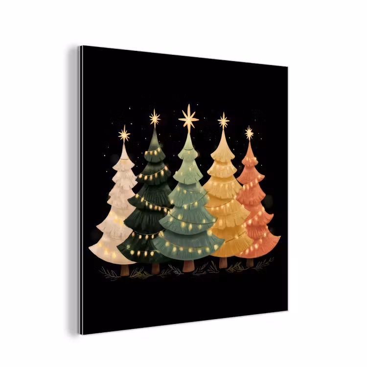 Aluminium schilderij - Kerstbomen - Kleurrijk - Lichtjes - Ster — 1