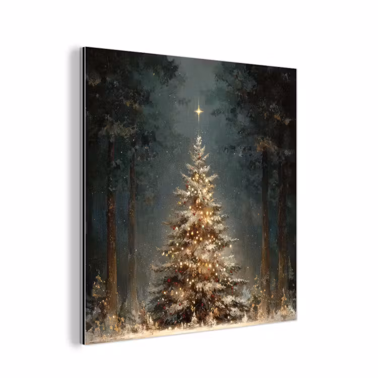 Aluminium schilderij - Kerstboom - Bos - Sneeuw - meerkleurig — 1