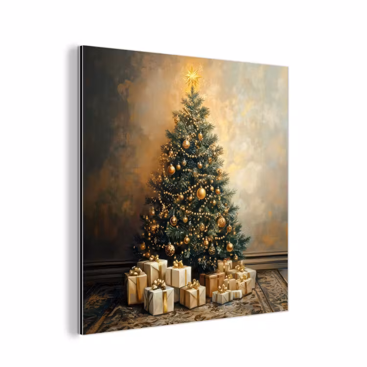 Aluminium schilderij - Kerstboom - Cadeaus - Goud — 1