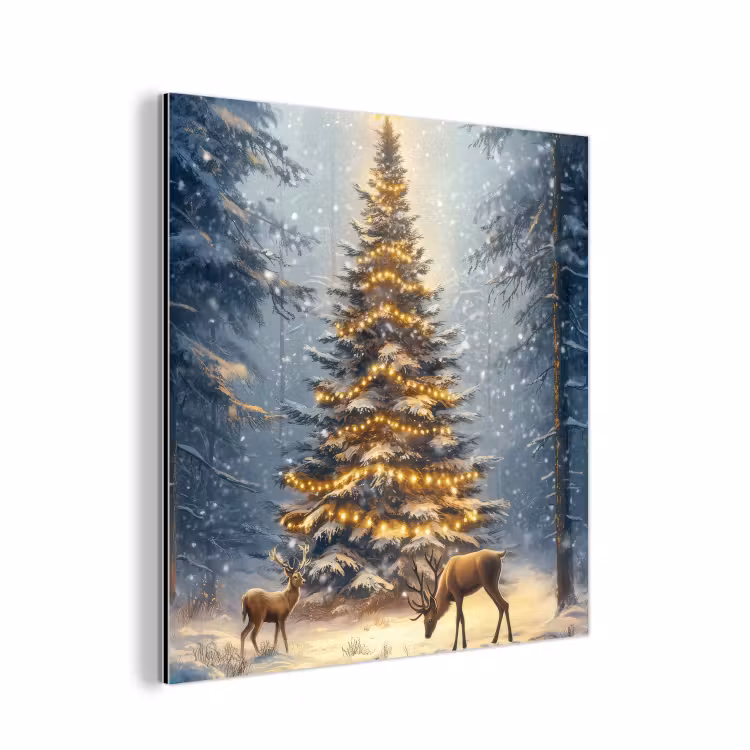Aluminium schilderij - Kerstlicht - Woud - Hert - Donker — 1