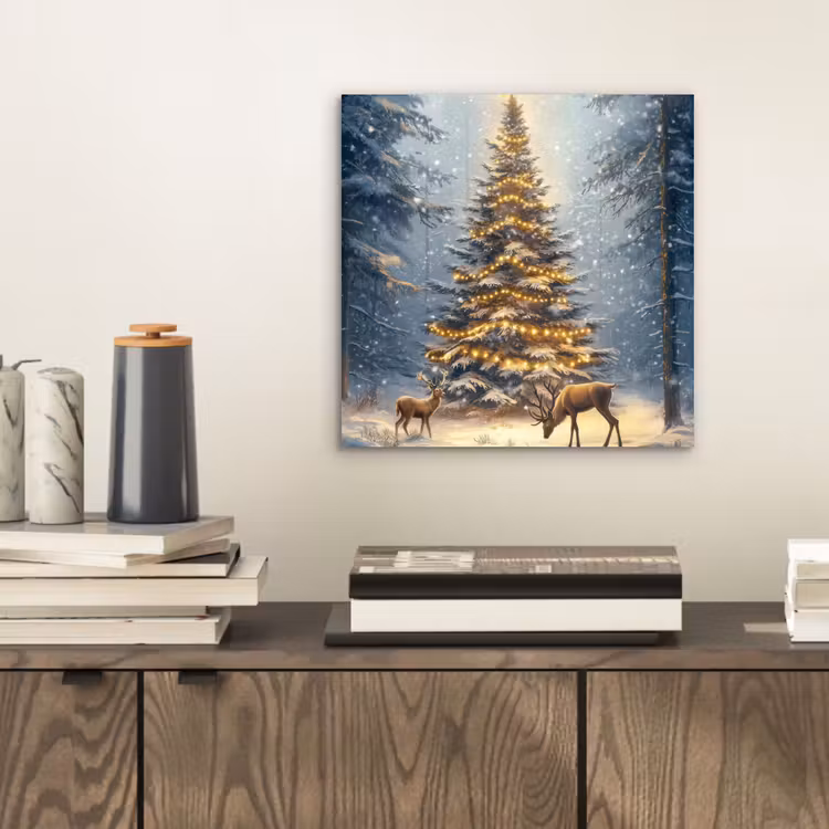 Aluminium schilderij - Kerstlicht - Woud - Hert - Donker — 2