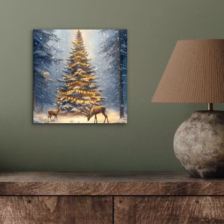 Aluminium schilderij - Kerstlicht - Woud - Hert - Donker — 3