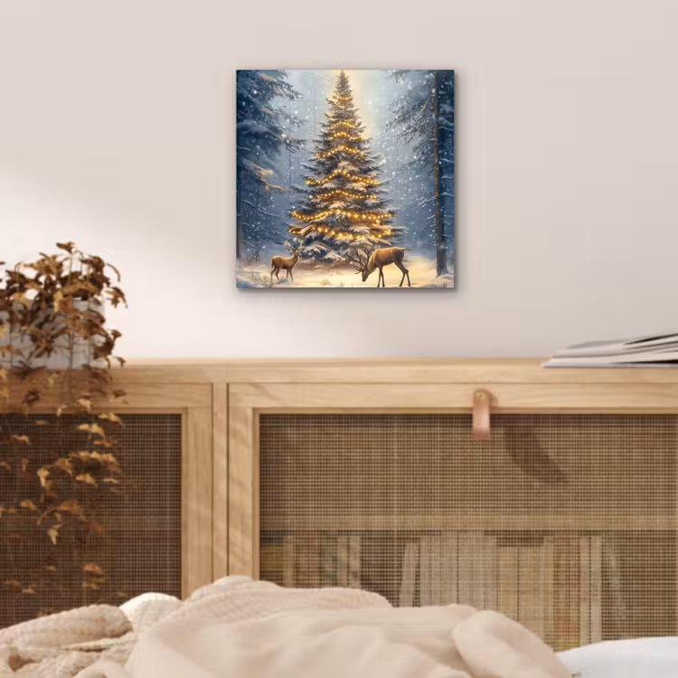 Aluminium schilderij - Kerstlicht - Woud - Hert - Donker — 4