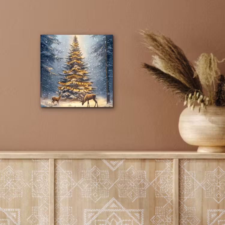 Aluminium schilderij - Kerstlicht - Woud - Hert - Donker — 5