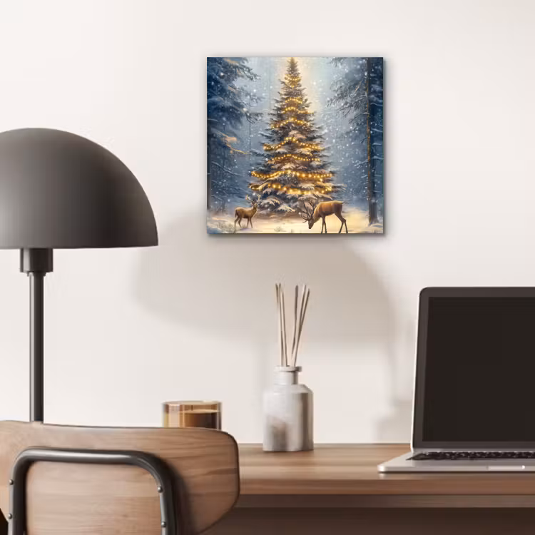 Aluminium schilderij - Kerstlicht - Woud - Hert - Donker — 6