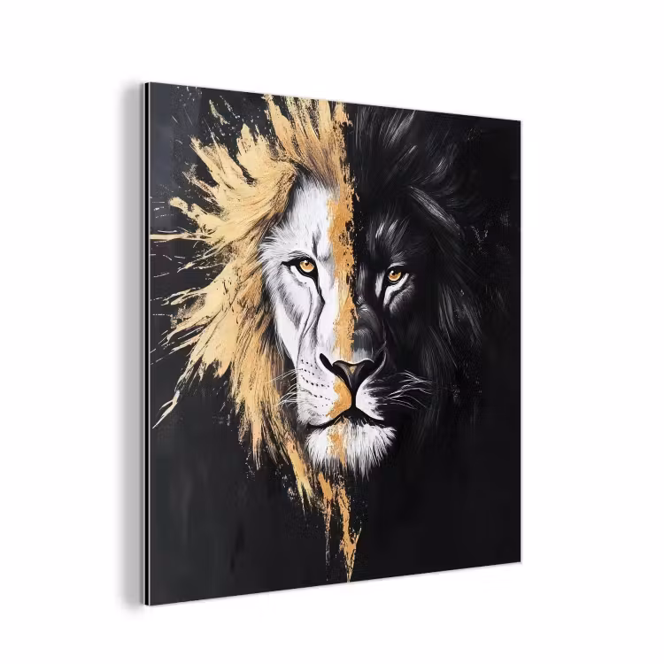 Aluminium schilderij - Leeuw - Gesplitst - Zwart - Lijn — 1