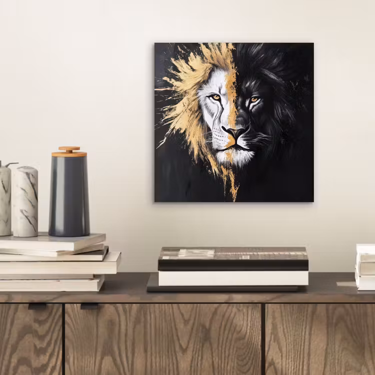 Aluminium schilderij - Leeuw - Gesplitst - Zwart - Lijn — 2