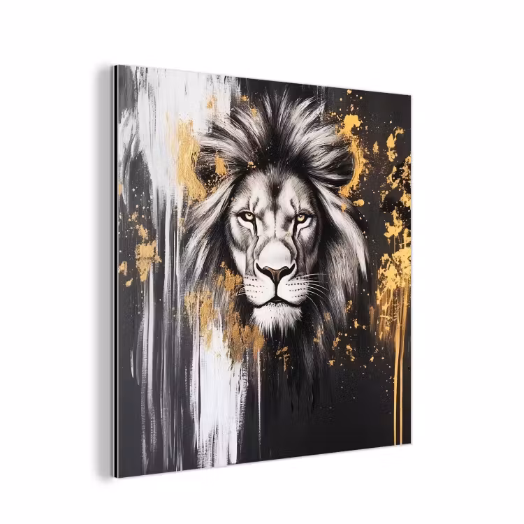 Aluminium schilderij - Leeuw - Portret - Verfspatten - Grijs — 1