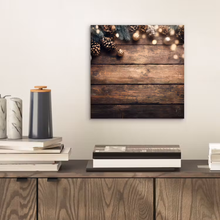 Aluminium schilderij - Kerstdecoratie - Houten - Dennenappel - Bruin — 2