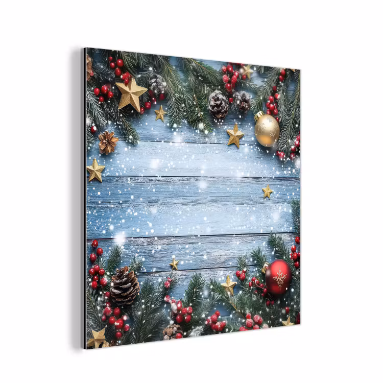 Aluminium schilderij - Kerstomlijsting - Sneeuw - Meerkleurig — 1