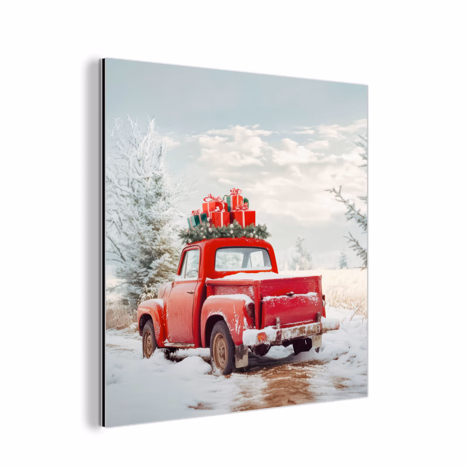 Aluminium schilderij - Auto - Rood - Cadeaus - Winter - Sneeuw - Kerst — 1