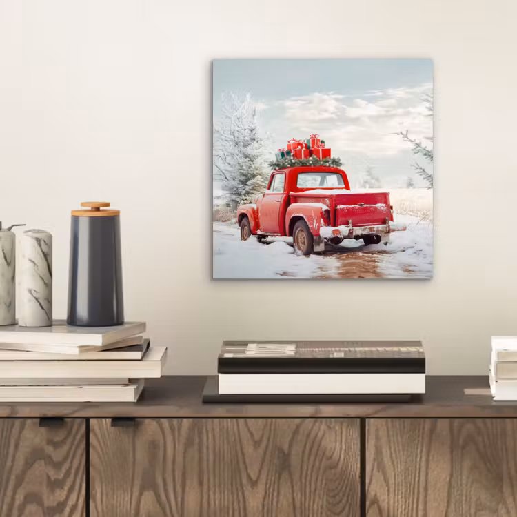 Aluminium schilderij - Auto - Rood - Cadeaus - Winter - Sneeuw - Kerst — 2