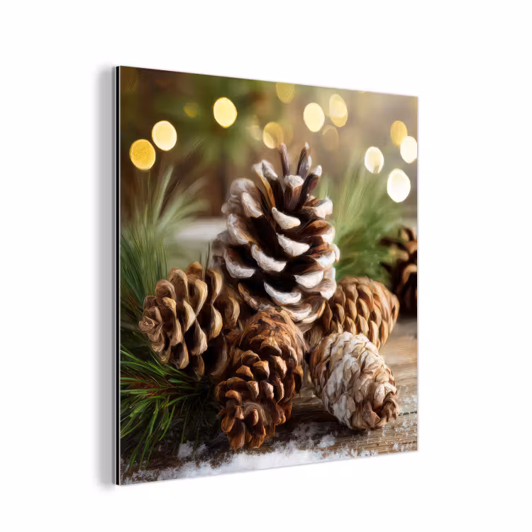 Aluminium schilderij - Dennenappels - Kerstsfeer - Bruin - Groen — 1