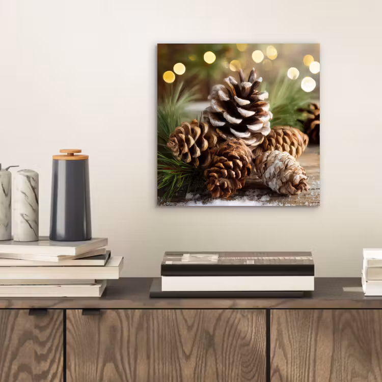 Aluminium schilderij - Dennenappels - Kerstsfeer - Bruin - Groen — 2