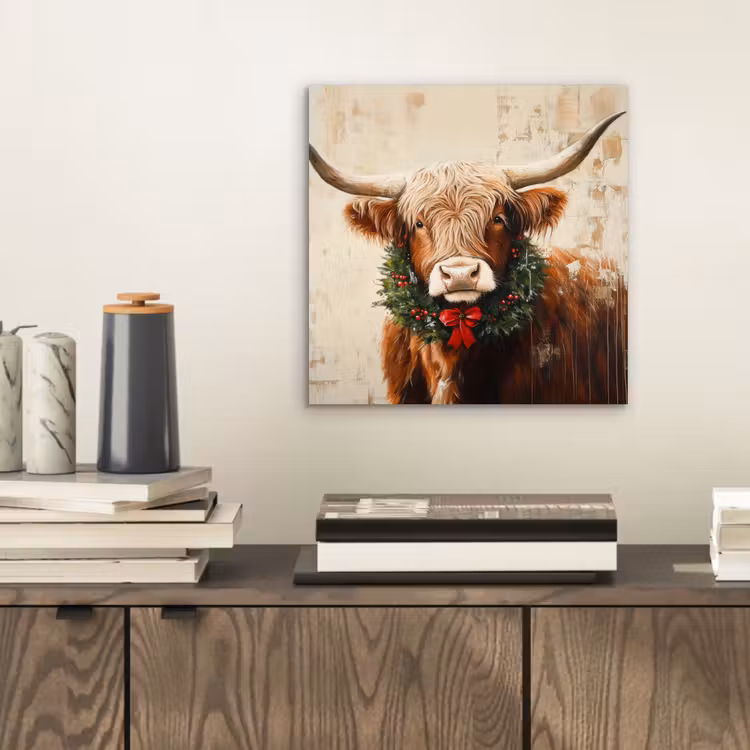 Aluminium schilderij - Kerst - Schotse Hooglander - Bruin - Krans — 2