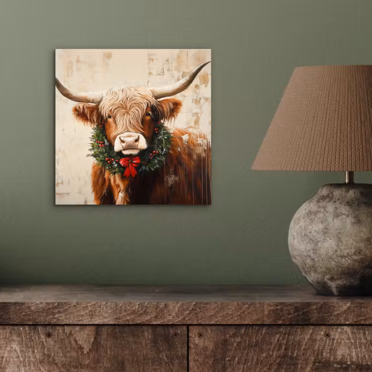 Aluminium schilderij - Kerst - Schotse Hooglander - Bruin - Krans — 3