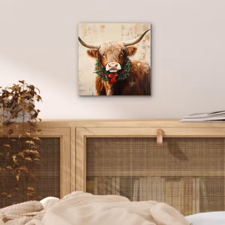 Aluminium schilderij - Kerst - Schotse Hooglander - Bruin - Krans — 4