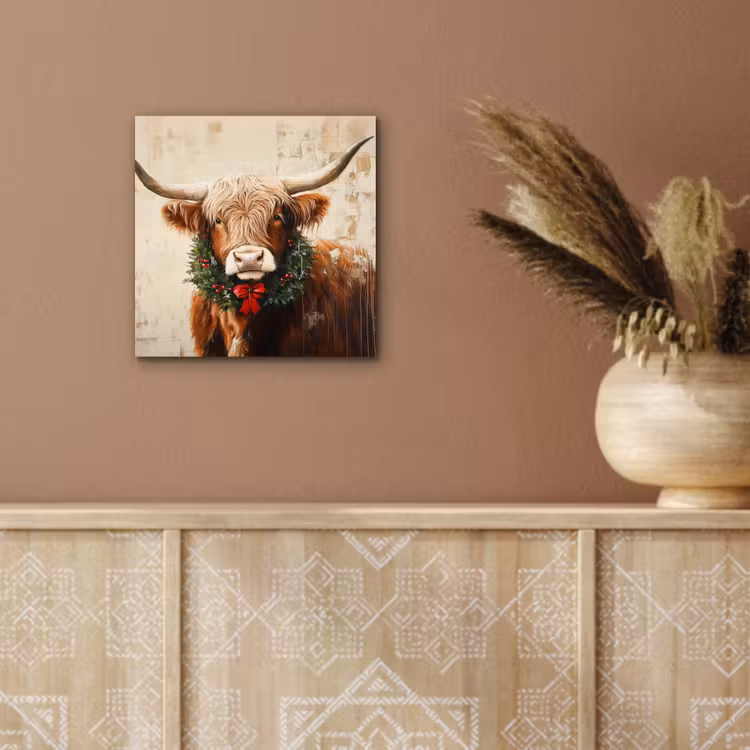 Aluminium schilderij - Kerst - Schotse Hooglander - Bruin - Krans — 5