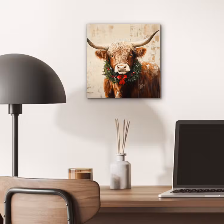 Aluminium schilderij - Kerst - Schotse Hooglander - Bruin - Krans — 6